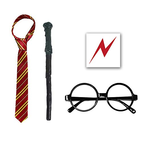 Book Cover QXFQJT Novelty Glasses Striped Tie with Wizard Wand, Bolt Scar Tattoo, Cosplay Party Costumes Accessories Kid's Gift, 5PCS