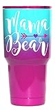 Large Mama Bear Travel Tumbler | Temperature-Regulated | Stainless Steel Insulated Metal Cup | Pink Purple Teal | Purple Lid | Women, Mom Life, Birthday, Mother's Day