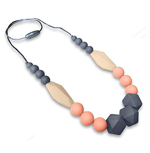 Book Cover ReignDrop Baby Necklace for Mom to Wear, Silicone Necklace for Teething Pain Relief in Babies and Toddlers, Light Weight, Stylish Chewable Necklace for Boys and Girls (Grey/Peach/Ivory)