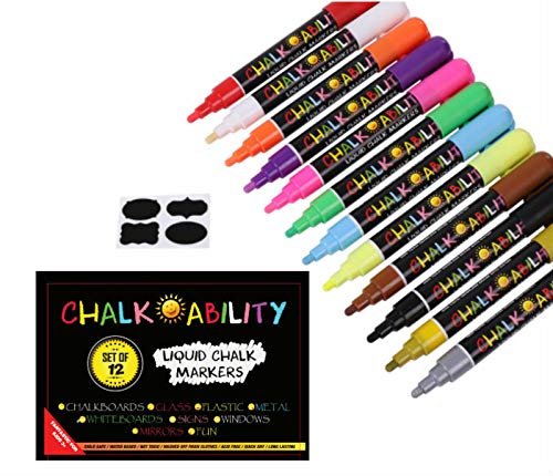 Erasable Liquid Chalk Markers for Chalkboard - Blackboards, Glass & Non-Porous surfaces. Limited Time Special 8+4 Bonus Pack. Reversible Tips, Non-Toxic Chalk Pens w Vibrant Colors +FREE BONUS OFFER!
