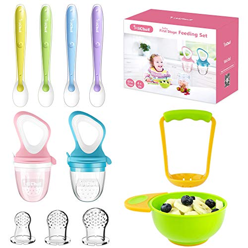 Book Cover Food Feeder Baby Fresh Fruit Feeder (2 Pack) with 3 Different Sized Silicone Pacifiers, Mash and Serve Bowl with 4 Soft-Tip Silicone Baby Spoons, Perfect Baby First Stage Feeding Set by MICHEF
