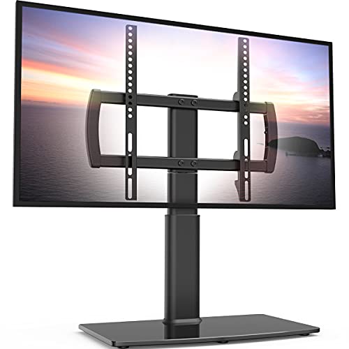 Universal Swivel/Table Top TV Stand 27 to 60 inch TVs 80 Degree Swivel, 4 Level Height Adjustable, Heavy Duty Tempered Glass Base, Holds up to 99lbs Screens, HT04B-001