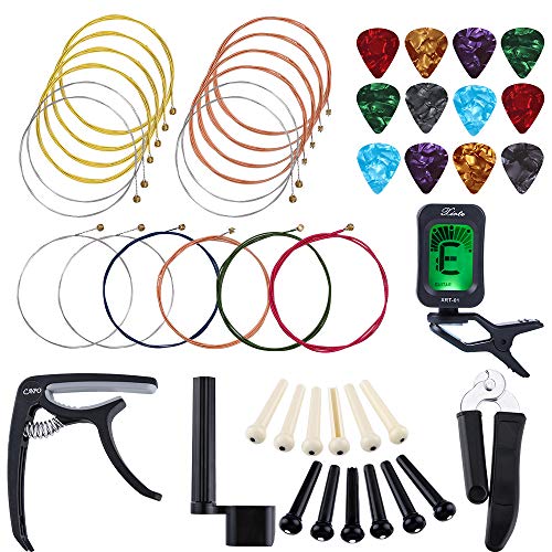 Book Cover Auihiay 46 PCS Guitar Strings Changing Kit Guitar Tool Kit Including Guitar Strings Guitar Tuner Picks Capo Pins Guitar String Cutter and Winder for Beginner