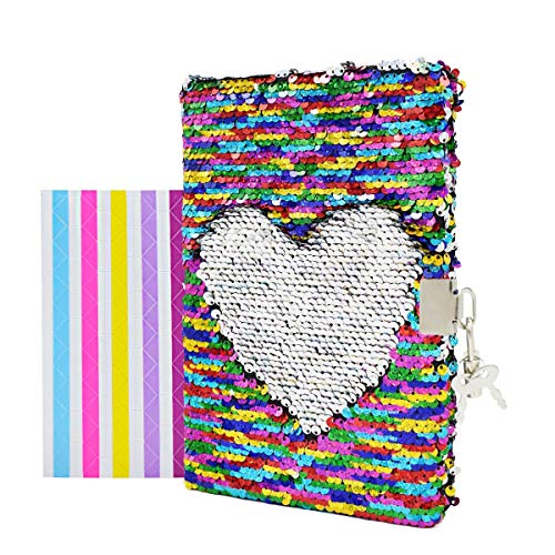 Book Cover VIPbuy Magic Reversible Sequin Notebook Diary Lined Travel Journal with Lock and Key for Kids Girls, Size A5 (8.5
