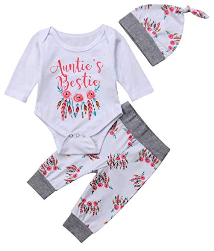 MAINESAKA Newborn Baby Girls 3pcs Outfit Set Auntie's Bestie Romper + Floral Pants Clothing Set (0-3 Months, White and Grey)