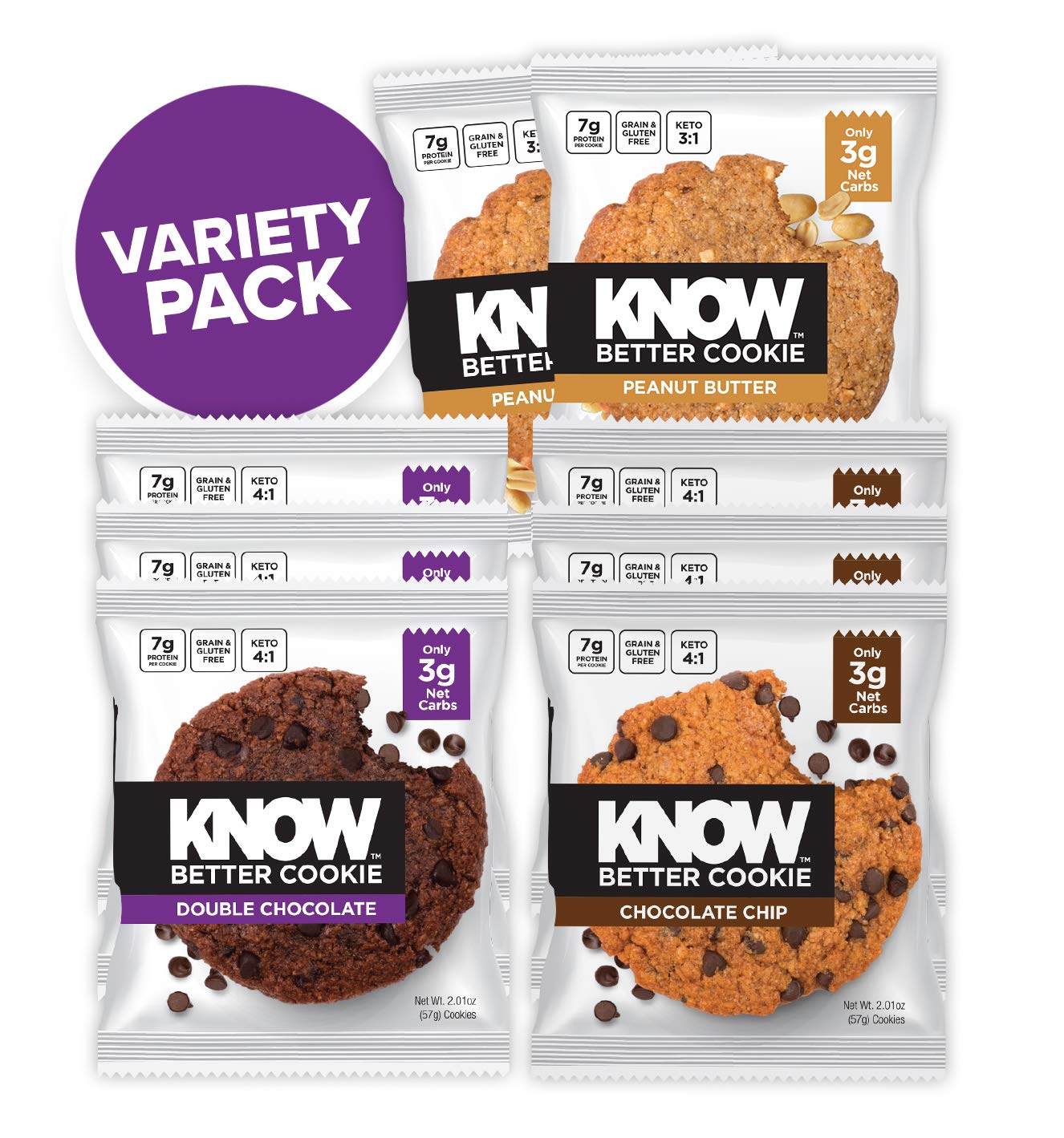 Book Cover KNOW Foods - KNOW Better Cookie, Variety Pack, Keto Snack, Low Carb Snack, Protein Cookie, Gluten Free, 2.01oz Cookie, 8 Count