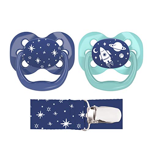 Dr. Brown's Advantage 100% Silicone Baby Paci Symmetrical Soother, 0-6m, BPA Free, Blue, 2 Pack + Clip