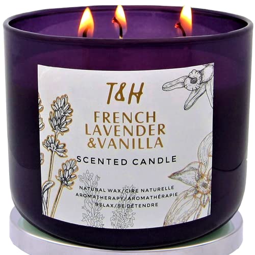 French Lavender Vanilla Scented Candles Aromatherapy Gifts for Women | 15.8 oz Soy Candle Long Lasting Scented Candles for Home | Stress Relief Candles 3 Wick | Office Gifts for Women