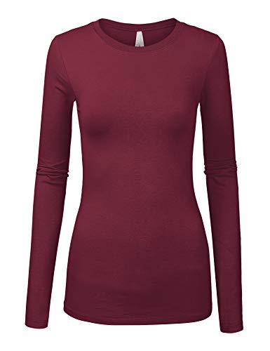 Book Cover COLOR STORY Womens Junior Basic Solid Multi Colors Slim Fit Long Sleeve Round Neck Top - Red - Medium