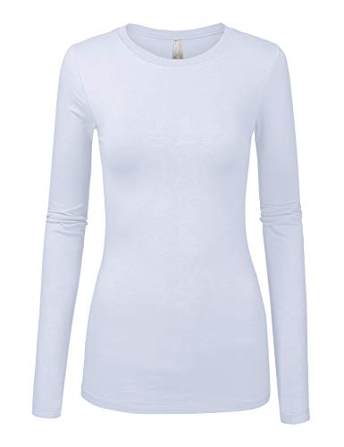 Book Cover COLOR STORY Womens Junior Basic Solid Multi Colors Slim Fit Long Sleeve Round Neck Top (1100-White, Medium)