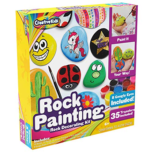 Creative Kids Rock Painting Kit - 10 River Rocks for Painting for Kids - Complete Arts and Crafts Set with 12 Paints and Rocks for Children Aged 6+ - Perfect Outdoor Activity and Gift Idea
