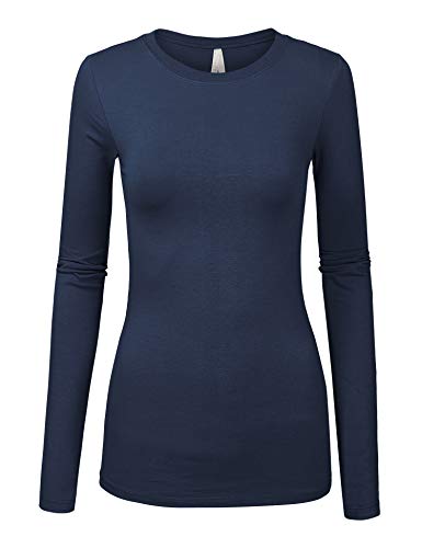 Book Cover COLOR STORY Womens Junior Basic Solid Multi Colors Slim Fit Long Sleeve Round Neck Top - NAVY - Medium