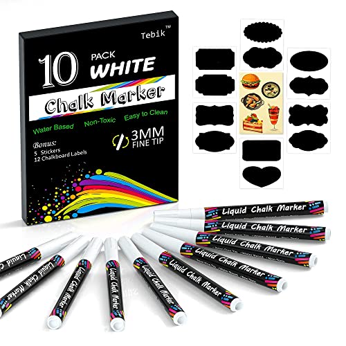 Tebik White Liquid Chalk Markers Set, Pack of 10 White Chalkboard Paint Pens with 12 Chalkboard Labels, 5 Stickers, Perfect for Chalkboards, Bistro Boards, Glass and Metal
