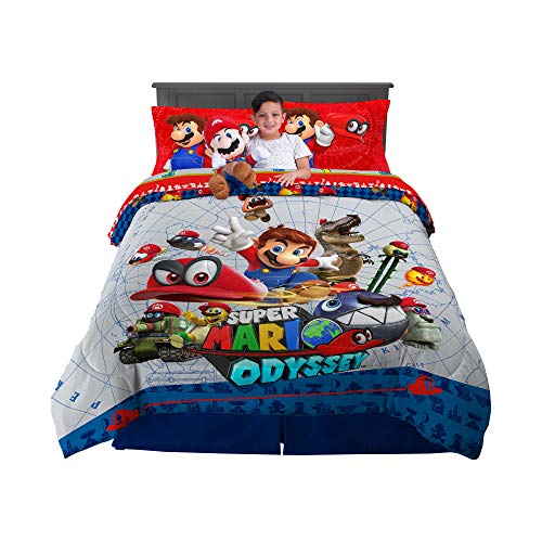 Franco Kids Bedding Super Soft Comforter with Sheets and Cuddle Pillow Bedroom Set, 6 Piece Full Size, Mario Odyssey