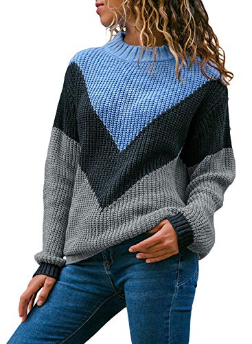 LOSRLY Women Round Neck Color Block Long Sleeve Knitted Sweater Tops Pullover Jumper