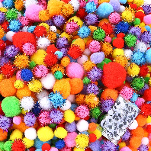 Caydo 2000 Pieces Assorted Sizes Multicolor Pompoms Glitter Pom Poms with 4 Sizes Wiggle Googlys Eyes for Hobby DIY Art Craft Supplies