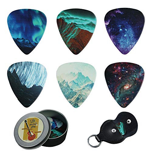 Guitar Picks - Cheliz 12 Medium Gauge Celluloid Guitar Picks In a Box W/Picks Holder. Unique Guitar Gift For Bass, Electric & Acoustic Guitars (Natural Image)