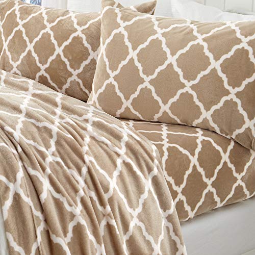 Great Bay Home Extra Soft Velvet Plush Micro Fleece Printed Sheet Set | Deluxe Microplush Non Pilling Sheets, Deep Pocket | Lavish Sherpa Velvet Luxe Collection (King, Beige/White)