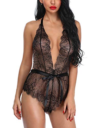 Garmol Women Open Back Halter Deep-V Eyelash Lace Teddy Bodysuit Lingerie