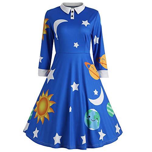 Women Vintage Peter Pan Collar Long Sleeve Print Button Flare A-Line Swing Dress(Blue,Small)