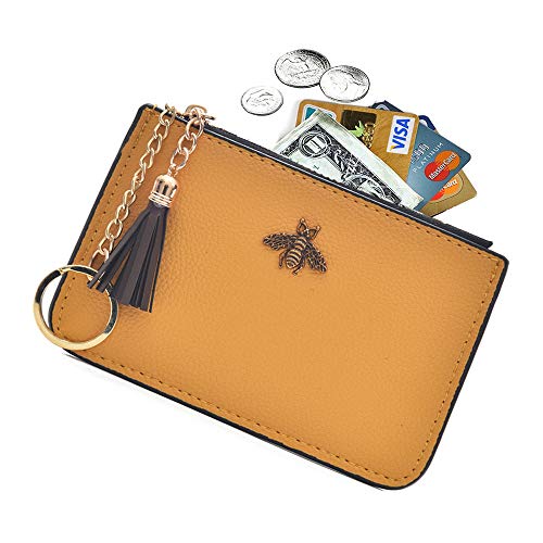 AnnabelZ Coin Purse Change Wallet Pouch Leather Card Holder with Key Chain Tassel Zip(Yellow)