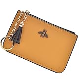 AnnabelZ Women's Coin Purse Change Wallet Pouch Leather Card Holder with Key Chain Tassel Zip, Yellow, Small