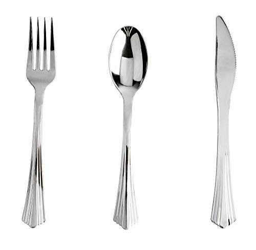 Perfect Settings 300 Silver Plastic Cutlery Polished Disposable Silverware Set with Elegant Design Fancy Flatware -100 Forks 100 Knives 100 Spoons (Fan Edge)