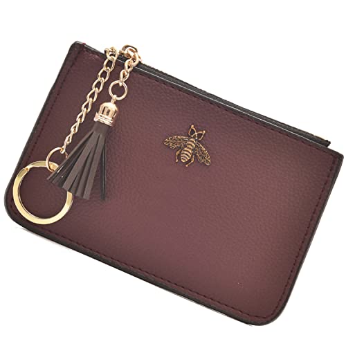AnnabelZ Coin Purse Change Wallet Pouch Leather Card Holder with Key Chain Tassel Zip(Burgundy)