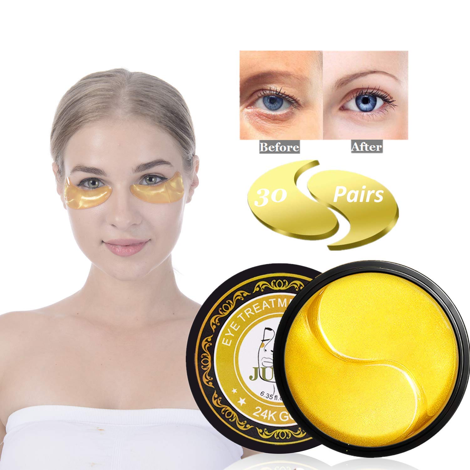 Under Eye Patches, JUYOU 24K Gold Eye Mask, Eye Gel Pads Collagen Eye Treatment Masks Reduces Wrinkles and Puffiness Lighten Dark Circles Moisturizing and Anti Aging, 60 Pieces