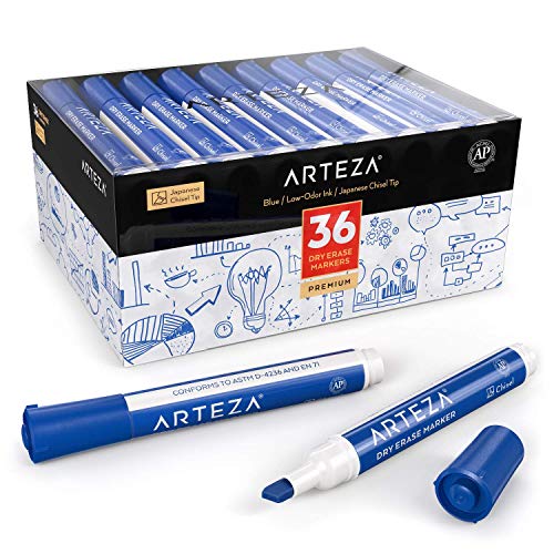 ARTEZA Dry Erase Markers – Bulk Pack of 36 Blue Whiteboard Pens with Chisel Tips & Low-Odor Ink, Quick-Drying for Office, School & Home Use