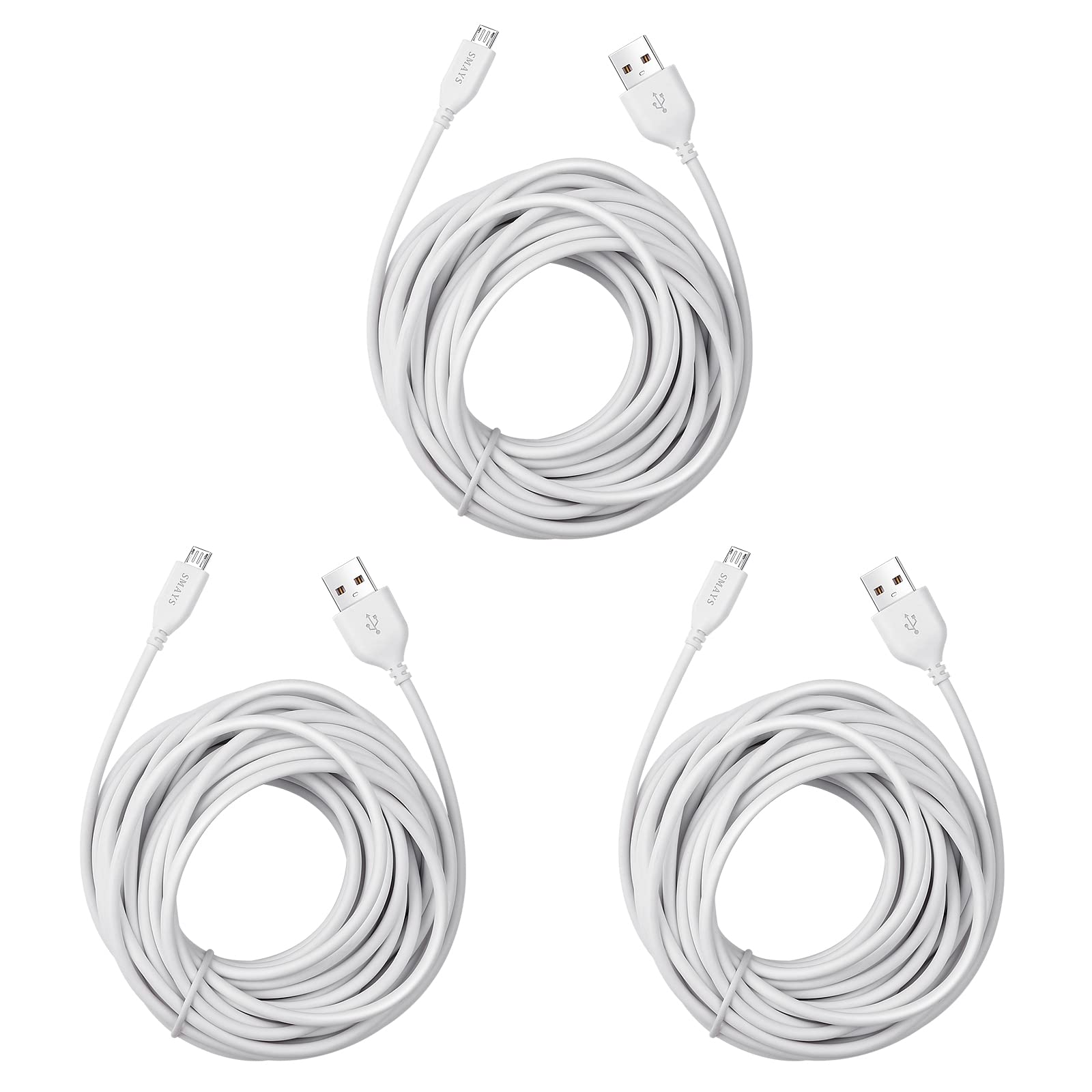 Smays 25ft Extension Cord Replacement for Wyze Cam Pan V2 V3, Yi Home Camera, Micro USB Cable 8M Long White (3-Pack)
