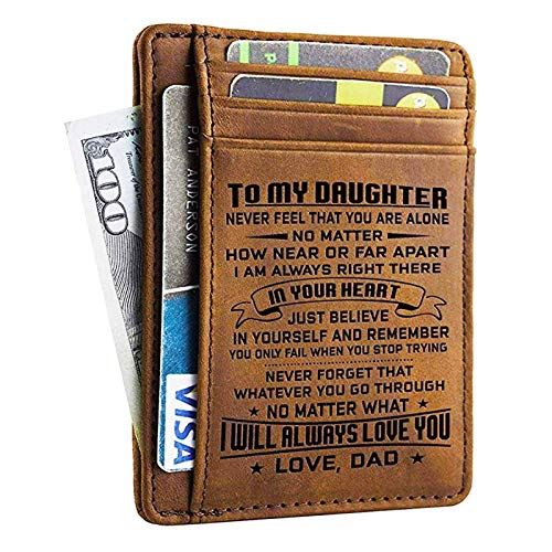 Dad Daughter Wallet - Engraved Leather Front Pocket Wallet (B - Daughter, dad will always love you)