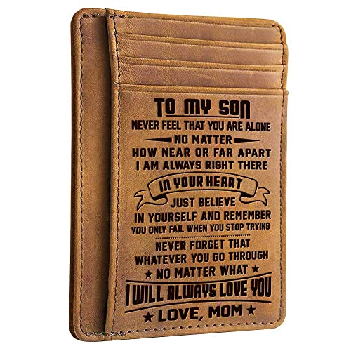 DOPTIKA Fathers Day Birthday Gifts For Men - Wallet For Son From Mom - Engraved Front Pocket Wallets For Men - Card Holder - Mens Wallets - Leather Rfid Slim Wallet For Men - Son Gifts From Mom