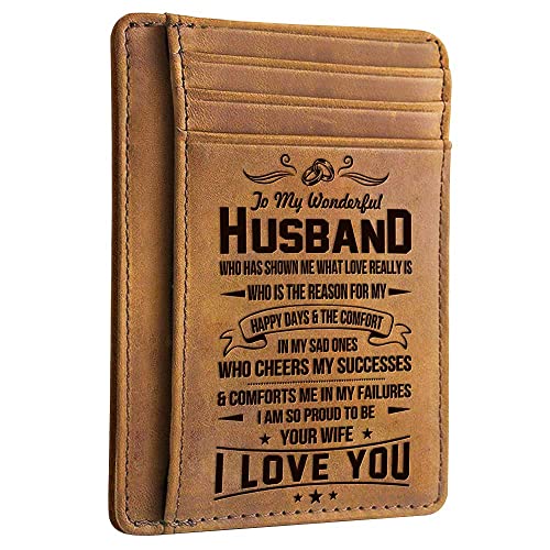 Husband Walet - Engraved Leather Front Pocket Wallet (M - My husband, I will always love you)