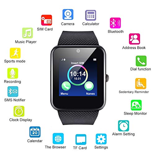 Book Cover Kikole Bluetooth Smart Watch Waterproof Bracelet Wristwatch with Camera/SIM Card Slot/Pedometer Analysis/Sleep Monitoring for Android