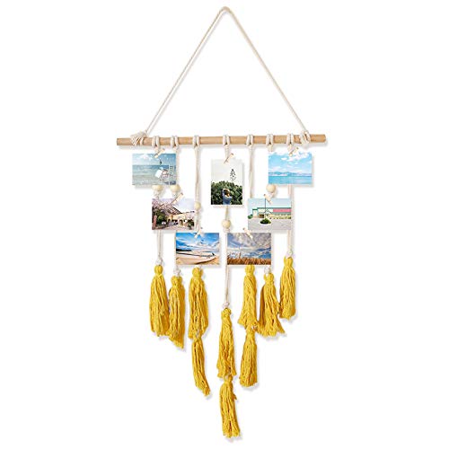 Wall Hanging Photo Display,Macrame Wall Decor Photo Organizer Tassel Wall Hangings Thanksgiving Gift Christmas Decorations(Yellow)