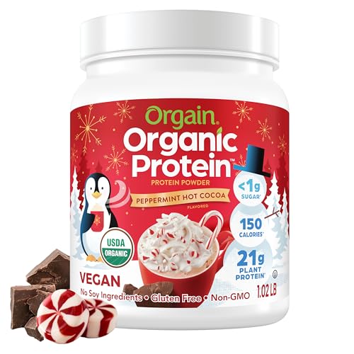 Orgain Organic Vegan Protein Powder, Holiday Peppermint Hot Cocoa - 21g Plant Based Protein, Gluten Free, Dairy Free, Lactose Free, Soy Free, No Sugar Added, Kosher, For Smoothies & Shakes - 1.02lb