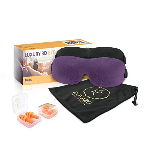 ROVAZO - 3D Sleep Mask and Ear Plug Travel Set 2 Pack – Super Soft Contoured Adjustable Black Out Eye Shades - Premium, Comfortable Silicone Ear Plugs - for Planes and Naps - Bonus Pouch