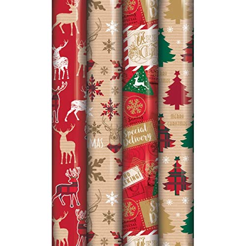 4 x 8 m Rouleaux de cadeau de Noël Wrap papier d'emballage écossais traditionnel Renne