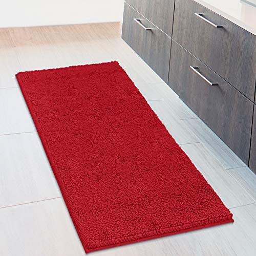 Extra Large Soft Plush Chenille Bathroom Runner Rug, Absorbent Microfiber Bath Mat, Machine Washable, Non-Slip Grip, Shag Carpet Great for Bath, Shower, Bedroom, or Door Mat (Red, 27.5x47)