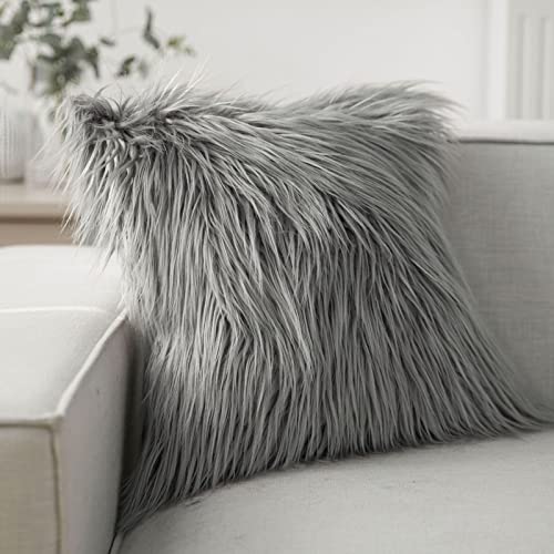 Phantoscope Luxury Series Throw Pillow Cover Faux Fur Mongolian Style Plush Cushion Case for Couch Bed and Chair, Grey, 22 x 22 inches, 55 x 55 cm