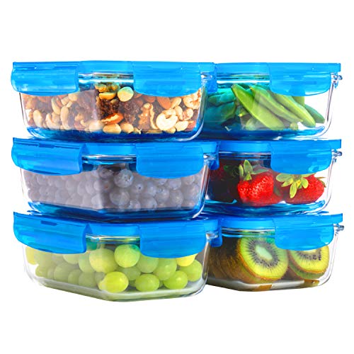Book Cover Elacra Glass Food Storage Containers [6-Pack, 28oz] - Glass Meal Prep Containers with Airtight and BPA-Free Locking Lids - 6 Glass Storage Containers & 6 Blue Lids