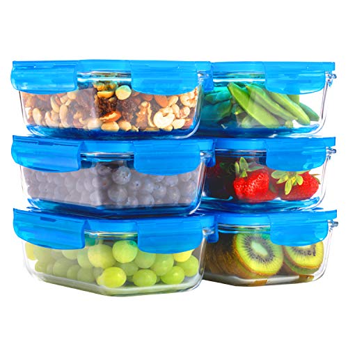Elacra Glass Food Storage Containers [6-Pack, 28oz] - Glass Meal Prep Containers with Airtight and BPA-Free Locking Lids - 6 Glass Storage Containers & 6 Blue Lids