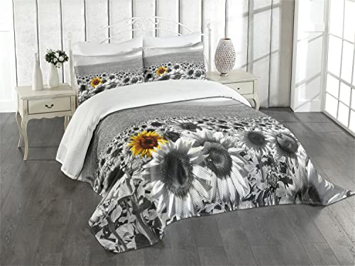 Book Cover Lunarable Modern Bedspread, Sunflower Field Black and White Single Yellow Flower Spring Landscape Individuality, Decorative Quilted 3 Piece Coverlet Set with 2 Pillow Shams, Queen Size, Grey and White
