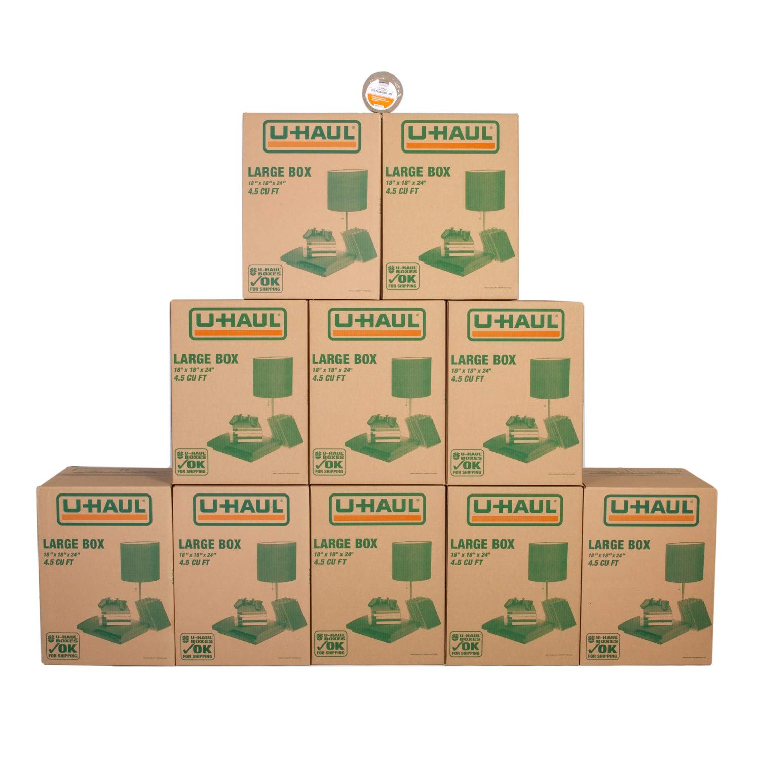 U-Haul Large Moving Boxes - Pack of 10 Boxes - 18” x 18” x 24”- Bonus Roll of Tape Included 10 Large Boxes