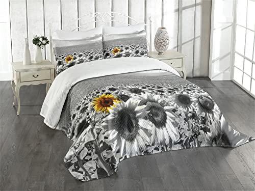 Lunarable Modern Bedspread, Sunflower Field Black and White with a Single Yellow Flower Spring Landscape Individuality, Decorative Quilted 3 Piece Coverlet Set with 2 Pillow Shams, King Size, Grey