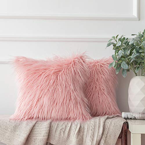 Ashler Pack of 2 Decorative Luxury Style Pink Faux Fur Throw Pillow Case Cushion Cover 20 x 20 Inches 50 x 50 cm
