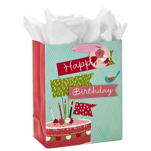 Hallmark 13" Large Birthday Gift Bag with Tissue Paper (Birthday Cake Flag, Pink and Blue)