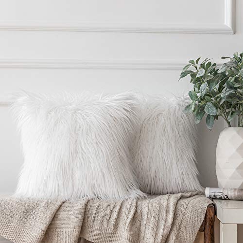 Book Cover Ashler HOME DECO Pack of 2 Decorative Luxury Style White Faux Fur Throw Pillow Case Cushion Cover 18 x 18 Inches 45 x 45 cm