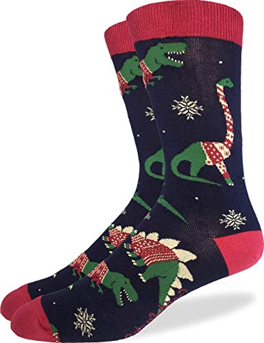 Good Luck Sock Men's Christmas Sweater Dinosaurs Socks - Blue, Shoe Size 7-12